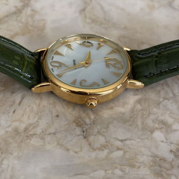 Three Red & Green Gold Tone Watches Leather Bands - Picture 8 of 16